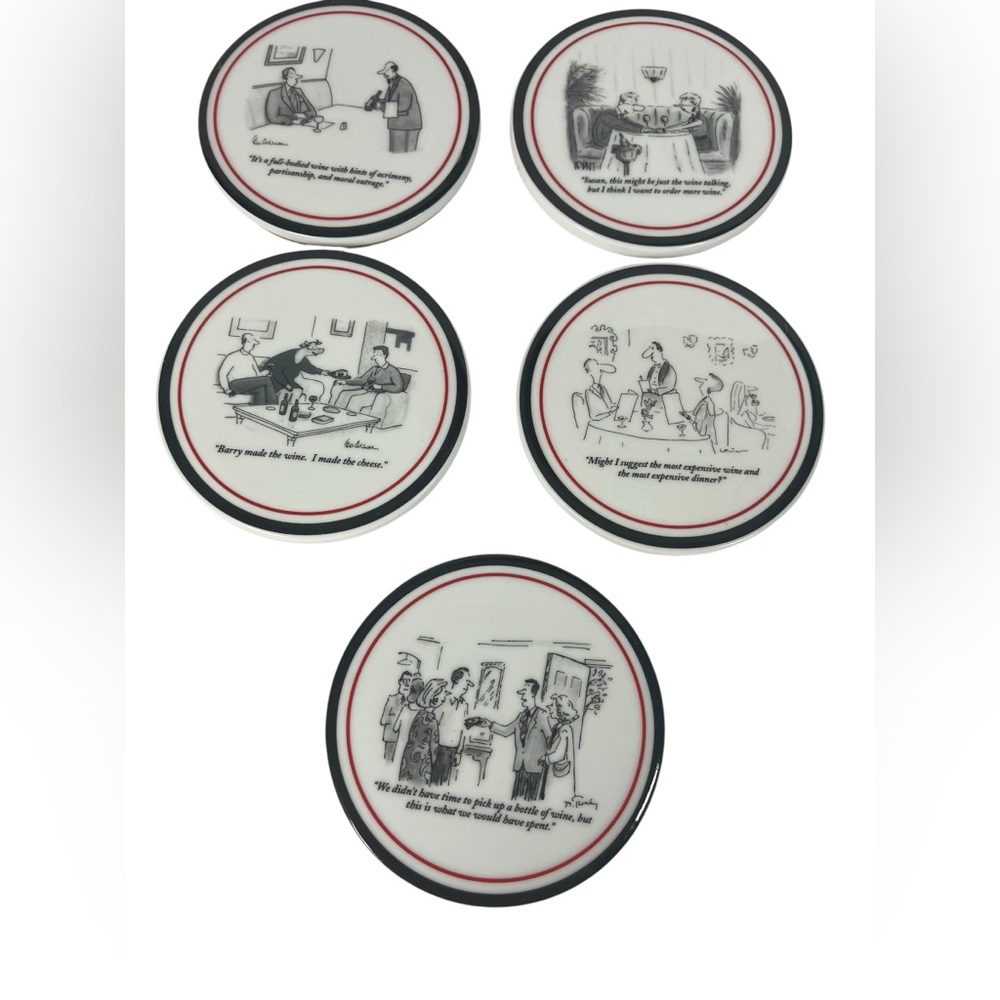 New Yorker Cartoon Wine Coasters Set of 6 Ceramic Cork Back Barware Humor